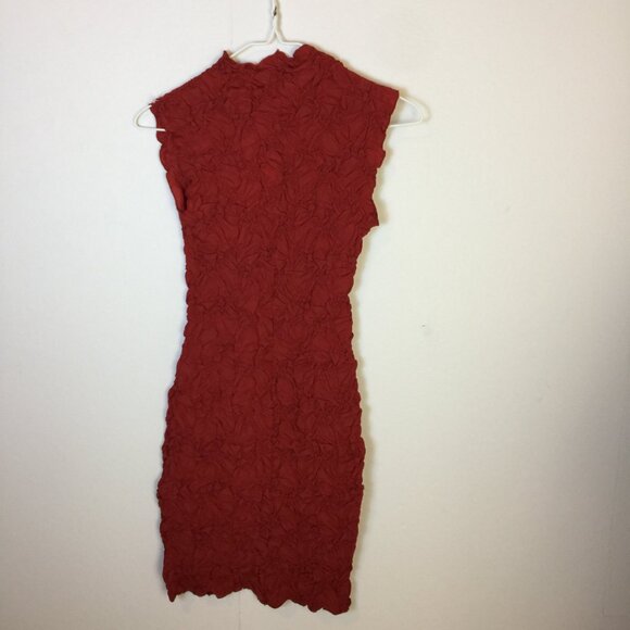 New! Zara Mini Bodycon Dress S Womans Red Textured Sleeveless Mocked Neck - Picture 2 of 13
